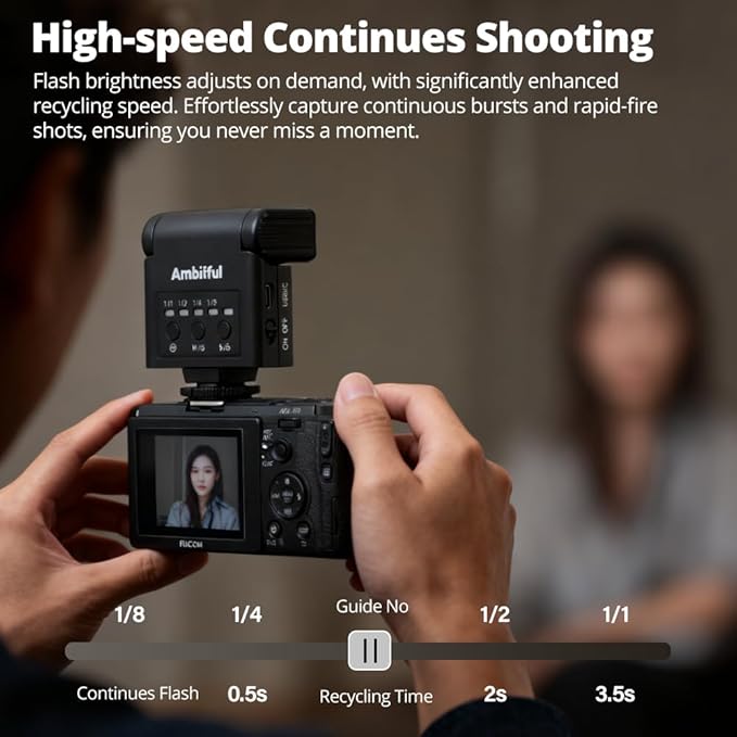 Ambitful AF10 Mini Camera Flash, Rechargeable Manual Speedlite with 90° Tilt Head, LED Continuous Light, USB-C Charging, Single-Contact Hot Shoe Flash for Sony Canon Nikon Fuji Ricoh Cameras
