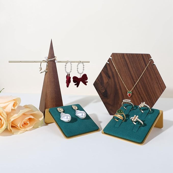 GemeShou Gold earring stands and displays for show, Green velvet earring holders, Jewelry display stands for selling【Green】