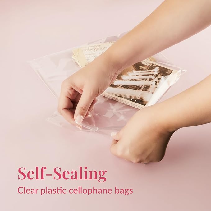 Prestee 200 Pack Self-Sealing Cellophane Bags 6x10 - Clear Bags for Small Gifts, Cookies, Candy, and Bakery - Airtight Goodie Bag for Gift Giving and Packaging - Food-Safe Plastic Treat Bag