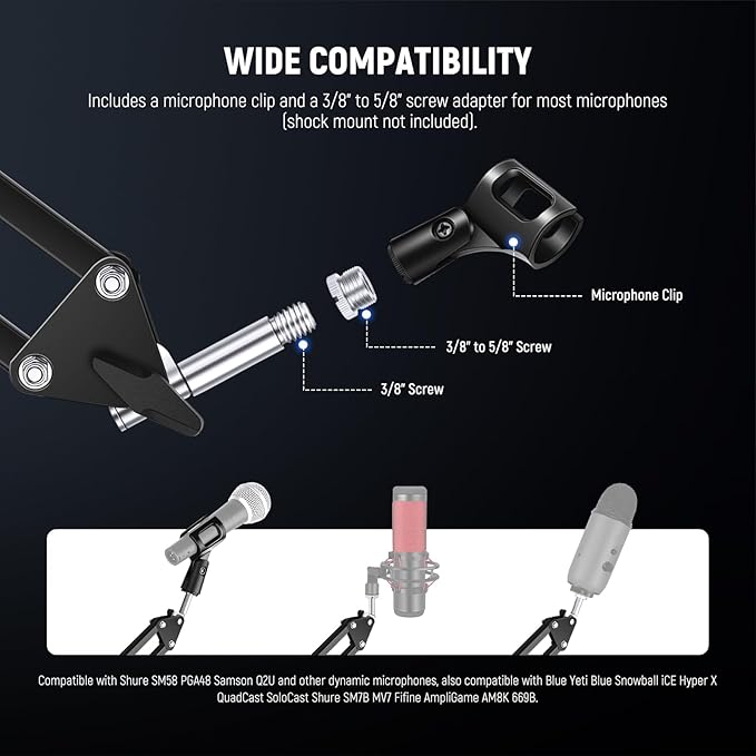 NEEWER Microphone Arm Stand, Suspension Scissor Boom Mic Arm Desk Mount with Clip & 3/8" to 5/8" Adapter Compatible with Blue Yeti Snowball HyperX QuadCast SoloCast Shure, Max Load 3.3 lbs, MS006