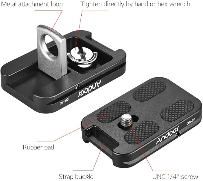 Andoer QR-60 Universal Quick Release Plate Aluminum Alloy 1/4" Screw Mount with Attachment Loop for Arca-Swiss Standard Ball Head Tripod for Canon Nikon Sony DSLR Camera