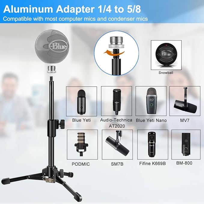 Mic Stand Desk, Table Mic Tripod Desktop Mic Stand Height Adjustable Small Microphone Stand for Desk with Pop Filter Shock Mount Mic Clip 1/4" to 5/8" Adapter for Blue Yeti Snowball