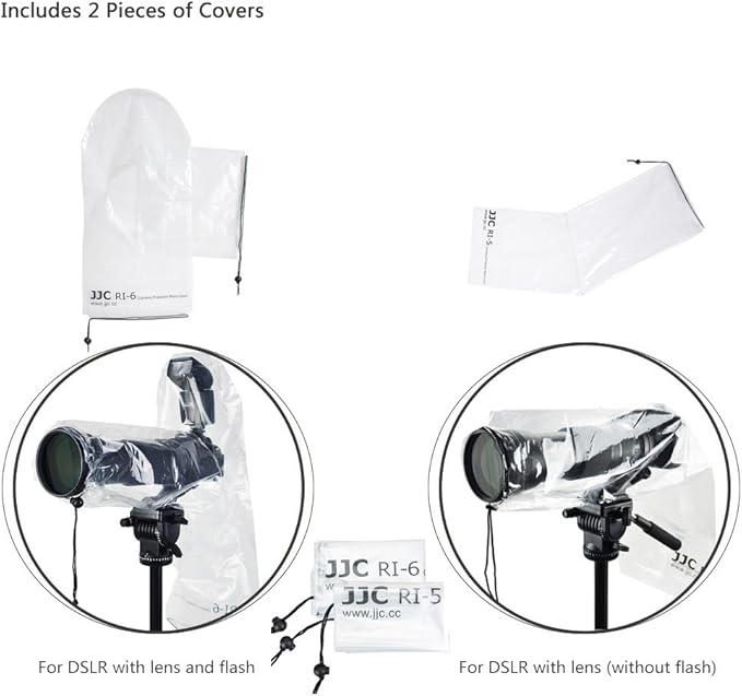 JJC 2 Types DSLR Camera Rain Cover Coat Sleeve Protector for Canon Nikon Fujifilm Sony Olympus Panasonic Pentax Sigma with a Lens & Flash PE Material Clear See-Through(2 Pack)