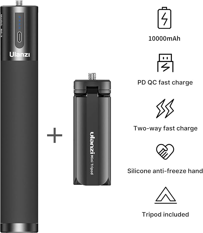 ULANZI Battery Handle Grip, BG-3 10000mAh Grip Portable Charger Tripod Monopod - 12+ Age Recommendation - for DSLR Action Camera Smartphone Vlogging Time-Lapse Shooting Live Streaming Filmmaking