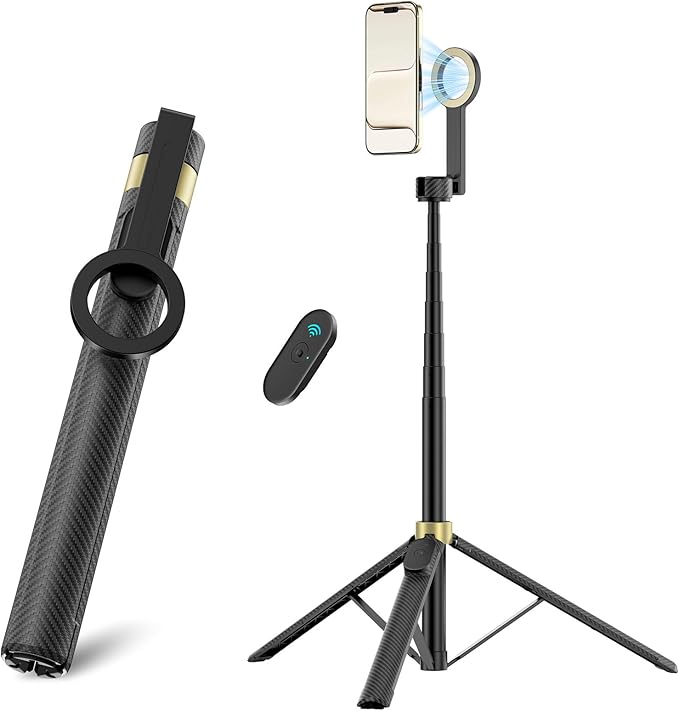 65" Magnetic Tripod for iPhone, Selfie Stick Tripod with Remote, 360° Rotatable Extendable Travel Tripod Phone Stand with Metal Ring, Compatible with iPhone Android