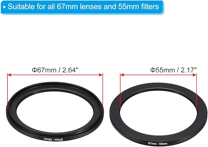 PATIKIL 67mm-55mm Metal Step Down Ring with Cleaning Cloth, 2 Pack Camera Lens Filter Adapter Ring Aluminum Filter Adapter Ring for Camera Lenses Hood, Black