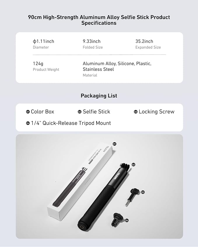TELESIN 35" Extension Selfie Stick for GoPro, Portable Vlog Selfie Stick Handle Monopod Pole for GoPro Hero 13 12 11 10/Insta 360/DJI Osmo 360 Action 5 4 Pocket/AKASO Travel Action Camera Accessories