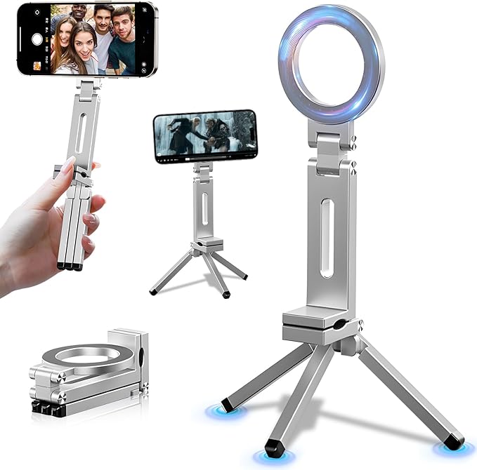 Magnetic Phone Tripod Stand for iPhone 17/16/15/14/13 Plus Pro Max Series, Aluminium Smartphone Mini Tripod Pocket Cellphone Stand, Adjustable and Foldable Magnetic Phone Holder Mountp