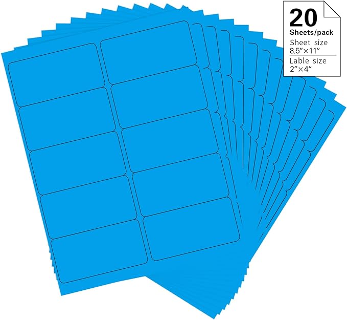 2" x 4" Colored Address Labels, 200 Bright Blue Label Stickers- Laser/Ink Jet Printer Mailing Labels, 8.5"x11" 20 per Sheet