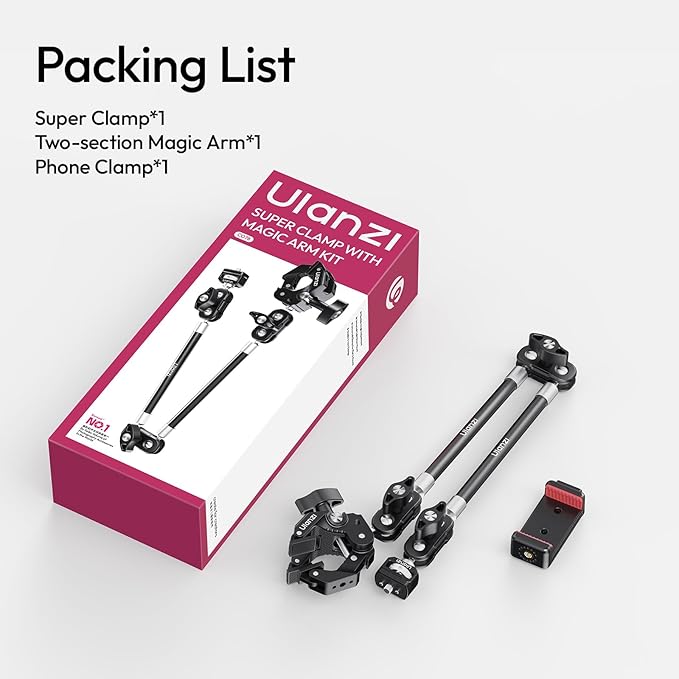 ULANZI CO78 Super Clamp Kit + 2-Section Magic Arm Mount – 1/4" & ARRI Locating Pins + Cold Shoe Mount, 360° Ball Head Designed for Low & High Angle Shot, for Phone & Action Camera, Video Light