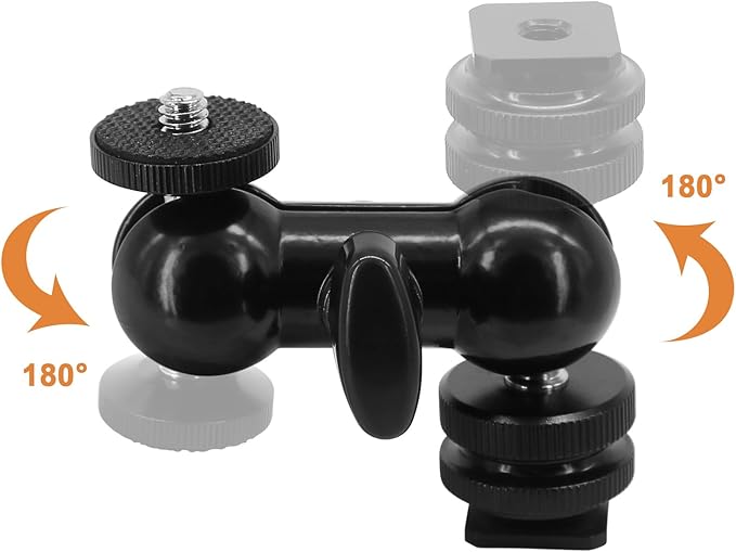 Ball Head Shoe Mount 1/4" Hot Shoe Mount Double Ballhead 1/4" Tripod Screw Multi-Function for LCD Monitors,Led Light,Microphone