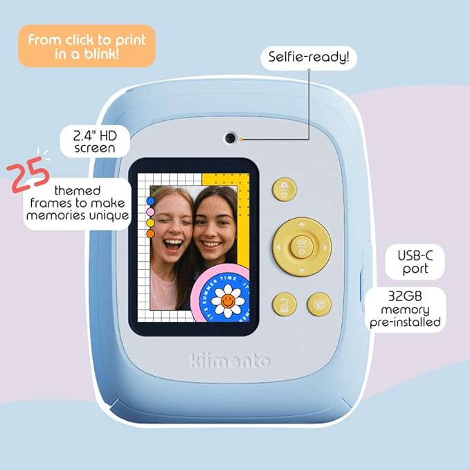 kiimento Ink-Free Instant Print Camera P2 Sky Blue + Two 40-Prink Pack