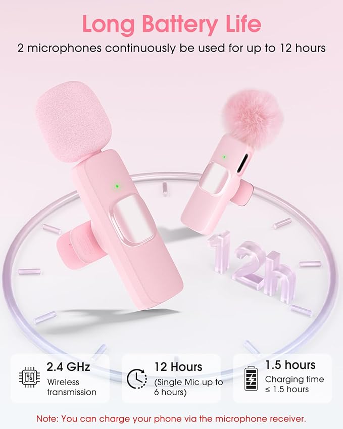 Mini Wireless Lavalier Microphone for iPhone 16/15/14/Android, Lapel Mic with Noise Reduction, 12H, 65ft, Pink Tiny Microphone Content Creator Interview for Vlog YouTube TikTok Recording (Pink)