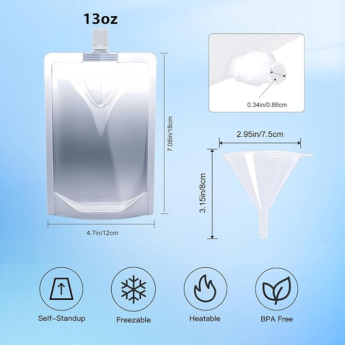 60PCS 13OZ Plastic Drinking Flasks,Spouted Pouches with Funnel,Reusable Drink Bags for Liquid Beverage Juice,Leak-Proof Food Grade for Travel Outdoor Sports Concert Cruise Events
