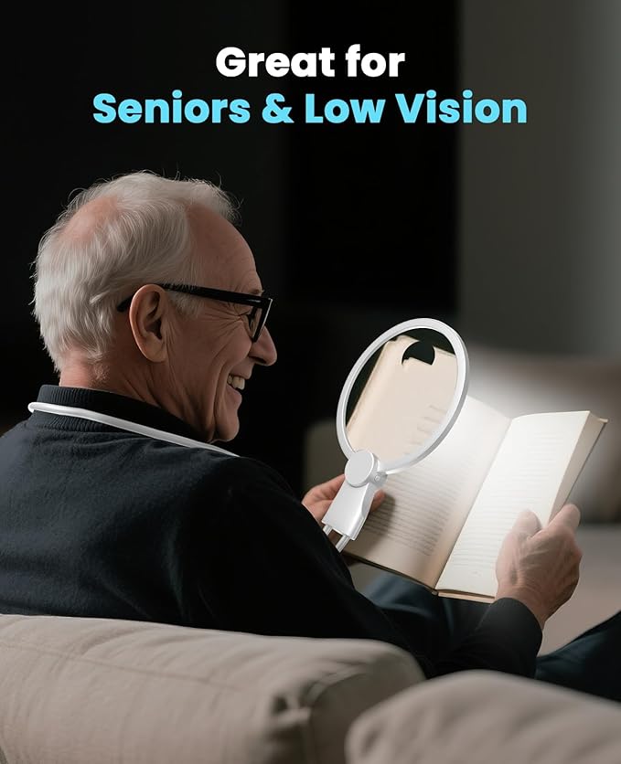 5X Hands Free Magnifying Glass with Light for Close Work,Neck Wear Magnifier for Reading Books,Sewing, Cross Stitch.Low Vision Seniors with Aging Eyes(White)