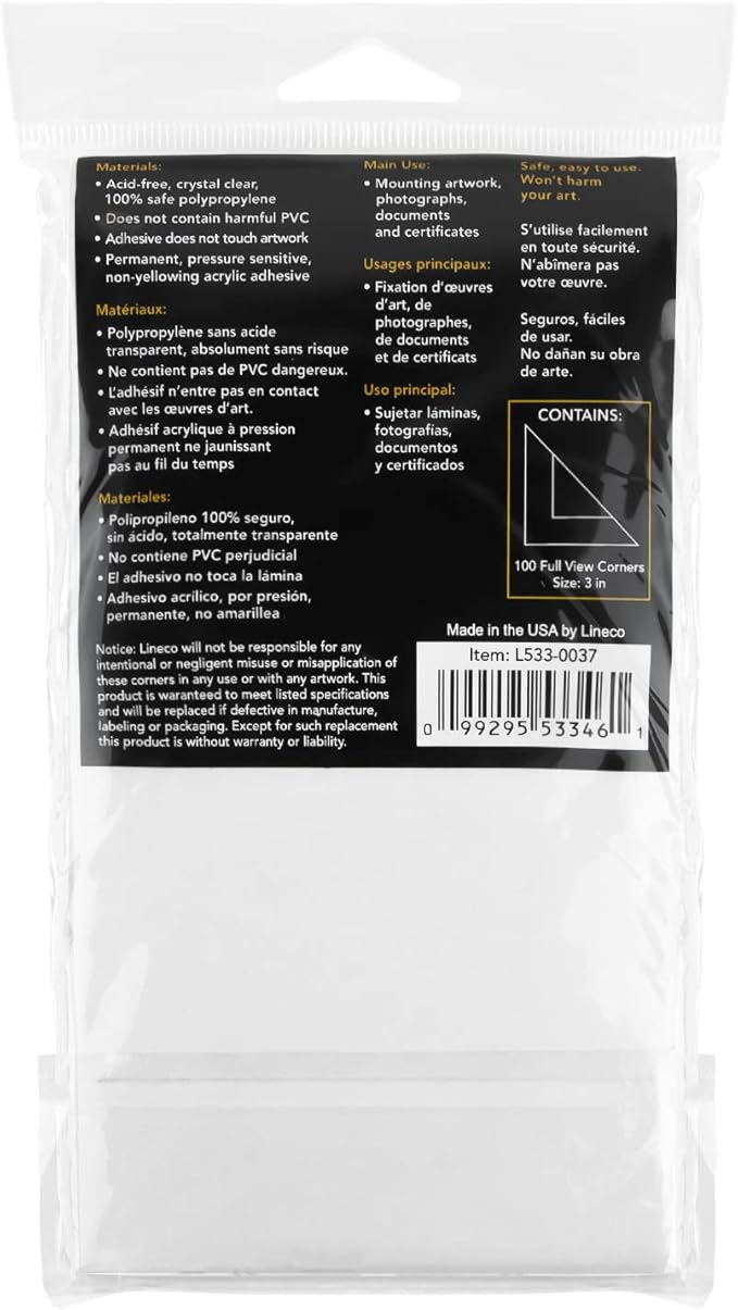 Lineco Polypropylene 3 Inch Full View Photo Mounting Corners. Easily Mount Your Art, Pictures, Craft, and Documents, Used for Scrapbooking, DIY, Displaying. Pack of 100, Set of 2.