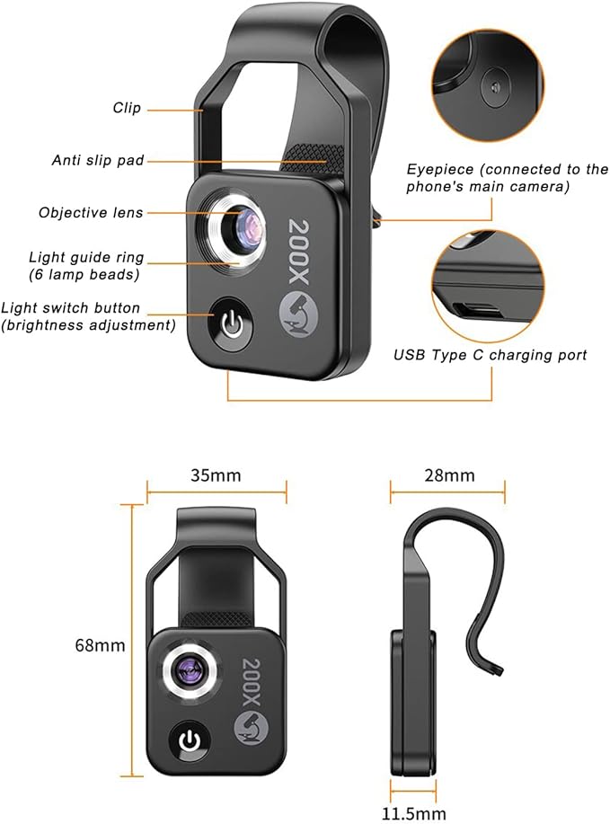 FLEXMAN 200X Phone Pocket Microscope with CPL Lens, USB Rechargeable Portable Digital Microscope Camera Attachments with Universal Phone Clip for Smartphones, Gardener, Watch, Jewelry(Black)