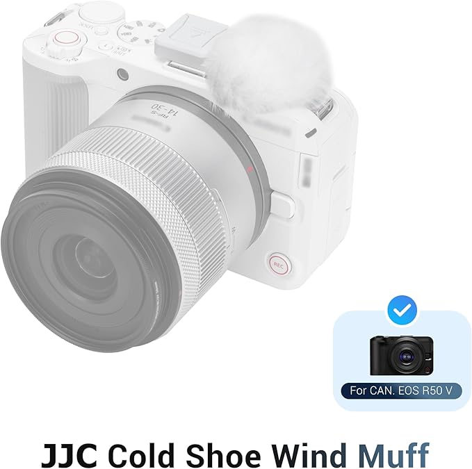 JJC Cold Shoe Wind Muff for Canon EOS R50 V R50V Camera(Not for R50), Furry Windshield with Shoe Adapter Mount Holder for LED Light Microphone Attachment, Canon R50V Vlogging Accessories, White Color