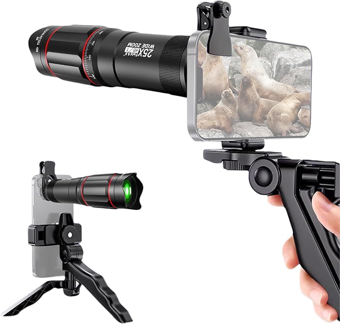 25X Phone Telephoto Lens Kit Portable High Magnification Observation Concerts Sports Games Bird Watching Fishing Mini Tripod Holder Telephoto Lens Smartphone Zoom Lens Mobile Phone