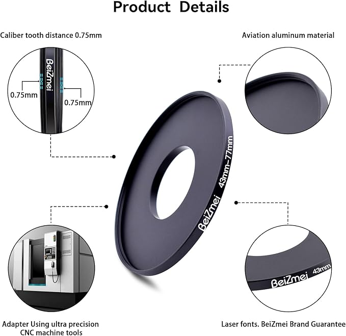 43mm to 77mm Camera Filters Ring,Filters Ring Compatiable All Brands Ø43mm Lens to Ø77mm UV ND CPL Camera Filter accessory.Made of CNC.