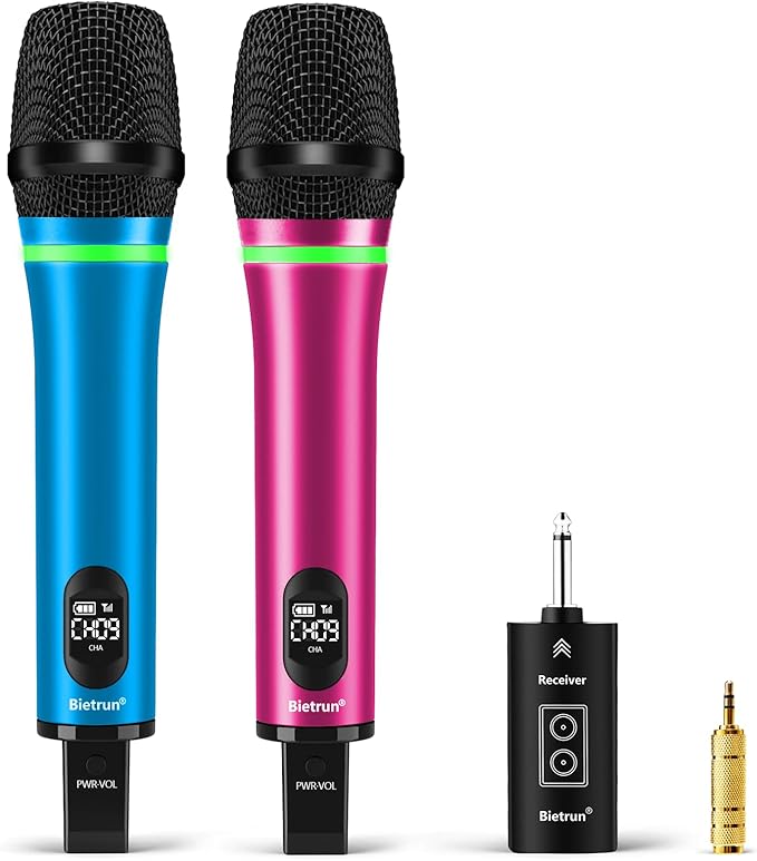 Bietrun Rechargeable Wireless Microphone, Dual Metal Cordless Handheld Dynamic Wireless Mics with Bluetooth, UHF 240FT Range, for 1/4'',1/8''Output,PA System,Dj,Mixer,Church(Blue＆Pink)