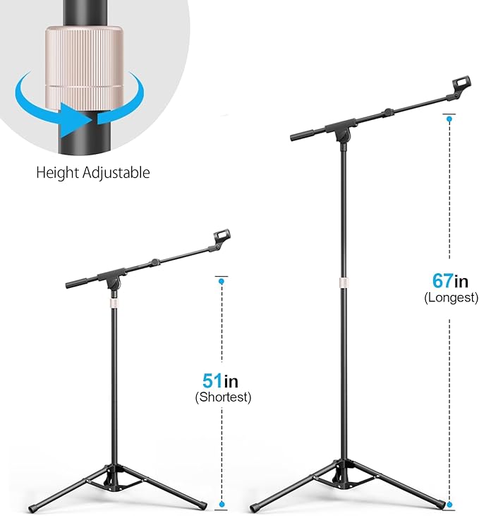 Mic Stand with Boom Arm, Heavy Duty Tripod Microphone Stand Floor Holder Height Adjustable with Carrying Bag and 2 Mics Clips for Singing Performance, Home Studio Recording, Podcast and Stage