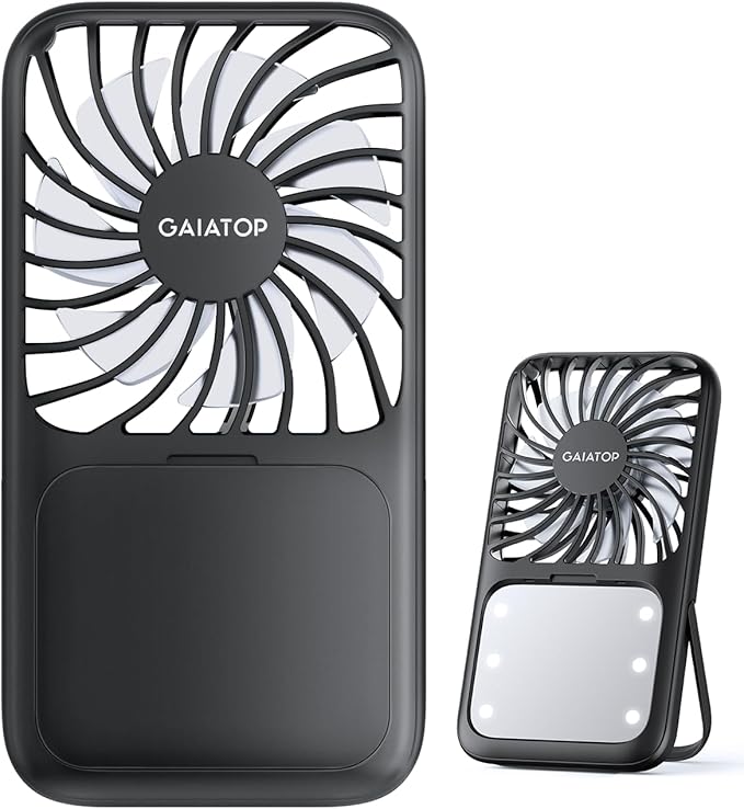 Gaiatop Portable Handheld Fan, 3 Speed LED Makeup Mirror with Light, Folding Stand for Desktop, Rechargeable Mini Personal Fans Small Travel Essentials Gifts for Women Girls