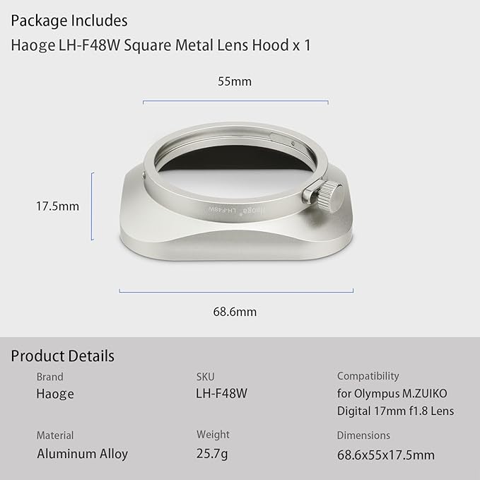 Haoge LH-F48W Square Metal Lens Hood Shade for Olympus M.ZUIKO Digital 17mm f1.8 17 1.8 Lens Replace Olympus LH-48B Silver