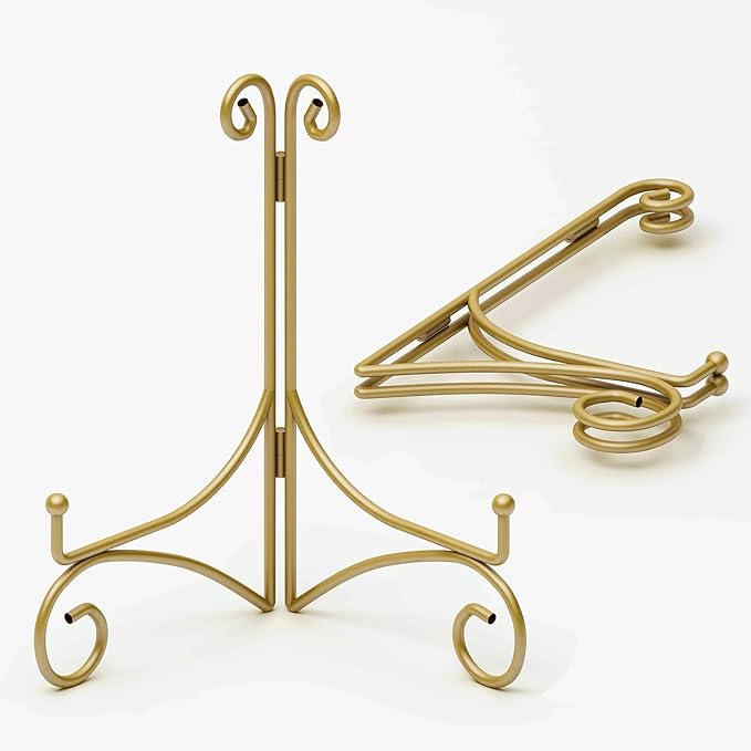 SVENJBB Gold Iron Plate Stand, 8 Inch Plate Holder for Display, Small Metal Plate Display Stands for Cookbook, Picture Frame, Photo, Decorative Plates (8 Inch, 2 Pack)