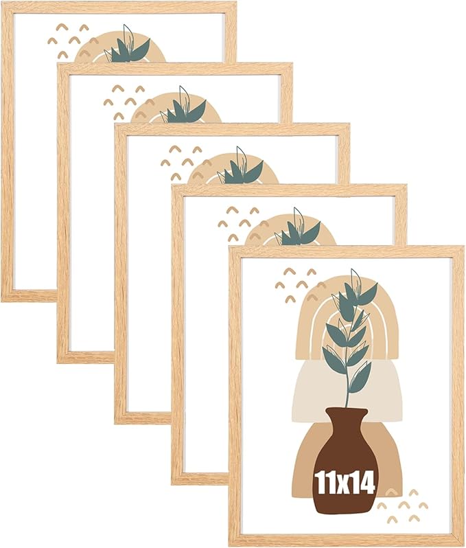 kennethan 11x14 Picture Frame Oak Set of 5, Wooden Poster Frame for Wall Mounting Display for Home, Office,Gallery,Holiday with Photos, Posters, Puzzles