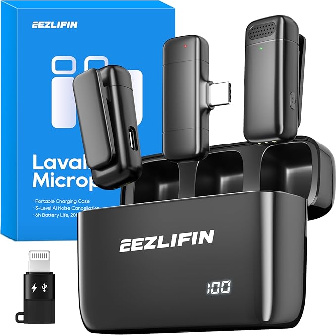 Mini Microphone for iPhone and Android, Wireless Microphones with Charging Case, USB-C&Lightning Compatible, 3 Noise Cancellation Modes, Lavalier Mic for Vlogging&Podcast, 2*20H Battery Life