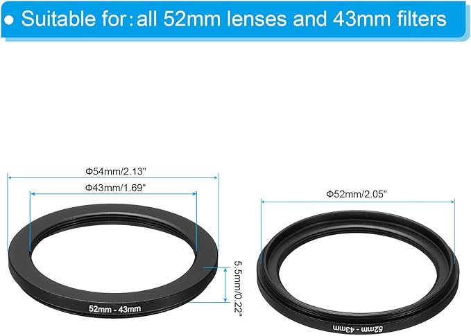 PATIKIL 52mm-43mm Metal Step Down Ring, Camera Lens Filter Adapter Ring Aluminum Filter Adapter Ring for Camera Lenses Hood, Black