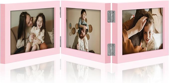 decorUhome Triple 6x4 Picture Frame Horizontal, Engineered Wood Trifold Photo Frame with Plexiglass for Tabletop Display, 6x4, Pink