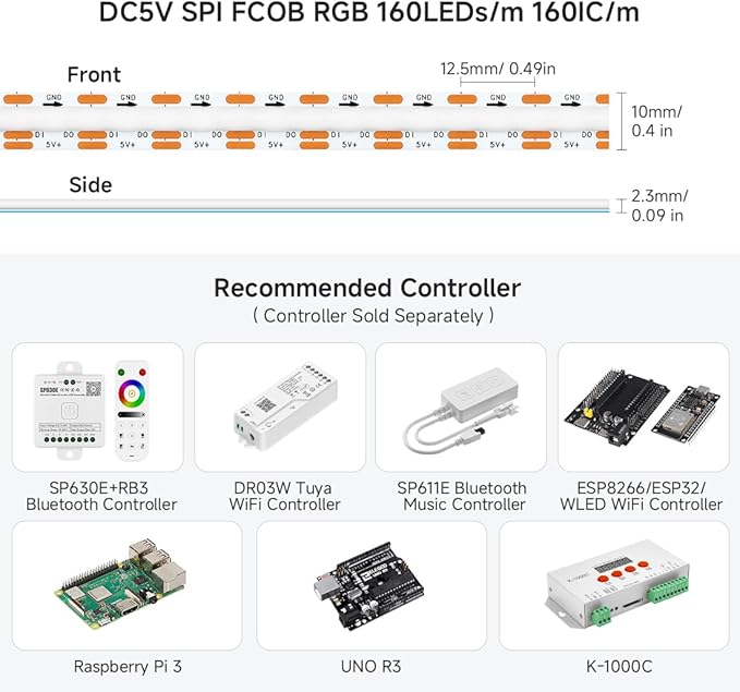 BTF-LIGHTING FCOB COB WS2812B IC RGB LED Strip DC5V 6.5FT Individual Addressable 160Pixel/m 320LEDs 320IC Dream Color IP30 Non-Waterproof High Density Light 0.39in Width(No Adapter or Controller)