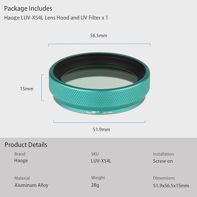 Haoge LUV-X54L Metal Lens Hood with MC UV Protection Multicoated Ultraviolet Lens Filter for Fujifilm X100VI Fuji X100V Camera Green