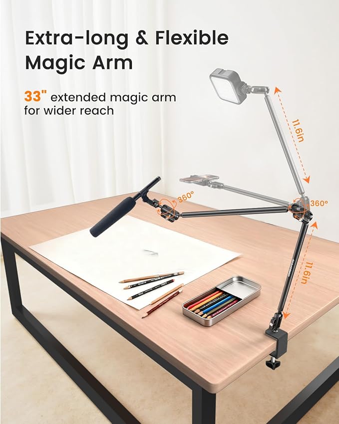 33" Magic Arm w Super Clamp, Overhead Camera Mount, Articulating Extended Friction Boom Arm w 1/4" Thread Adapter, for Mic, Light, Phone, Webcams, Action Camera