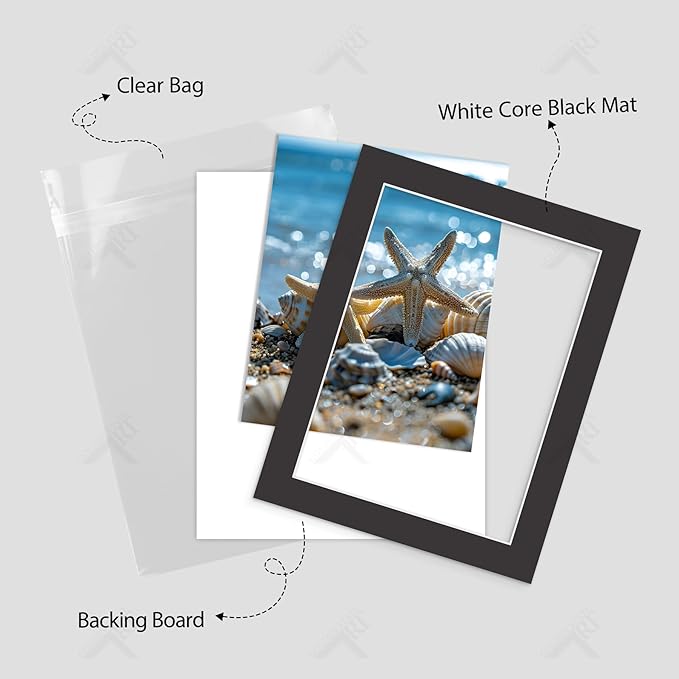 Golden State Art, Acid Free, Pack of 5, 11x14 Black Picture Mats Mattes with White Core Bevel Cut for 9x12 Photo + Backing + Bags