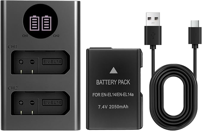 EN-EL14/EN-EL14a Battery Pack, 7.4V 2050mAh, with Dual Slot Fast USB Charger, for Nikon D5100 D3200 D5300 D3100 D5200 D3300 D5500 D3400 Df D3500 D5600 P7000 P7100 P7700 P7800 Digital Camera