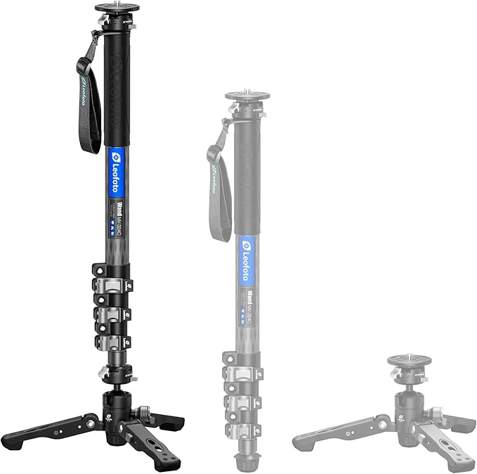 LEOFOTO Carbon Fiber Monopod with Feet, 59" Portable Lightweight Travel Monopod for DSLR Camera, 360° Panorama, 4 Leg Section, Modular 3 in 1