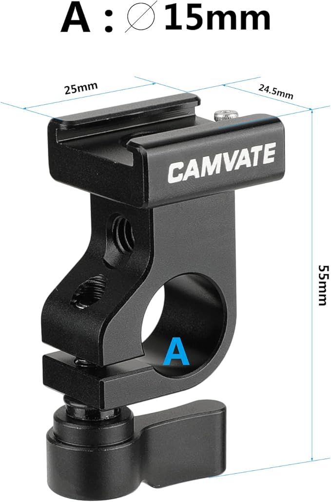CAMVATE 15mm Side Single Rod Clamp with Cold Shoe Mount Adapter for Camera Accessories(Black) - 2810