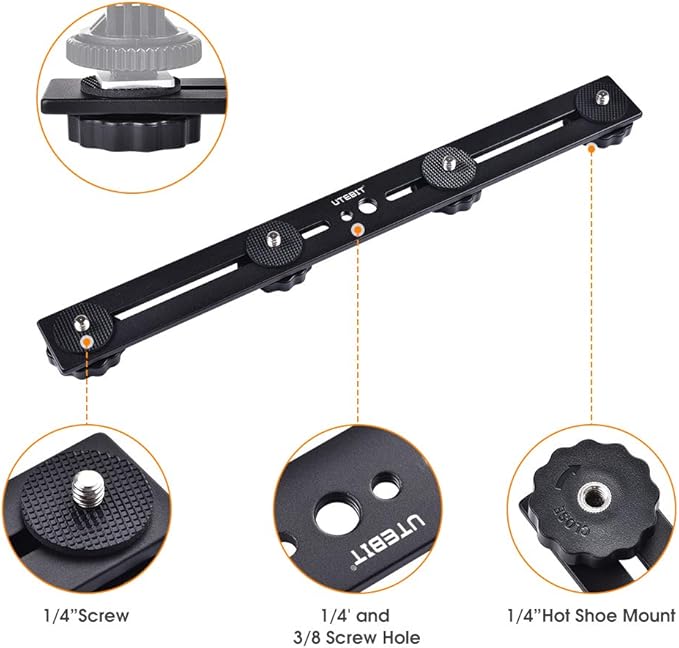 UTEBIT 11 inch Flash Bracket, Long Dual Camera Mount Flash Bracket Extension Bar with 1/4“ Hot Shoe, Straight Flash Brackets 1/4- 3/8 Thread Hole Tripod Mount for Camera/LED Light/Microphone