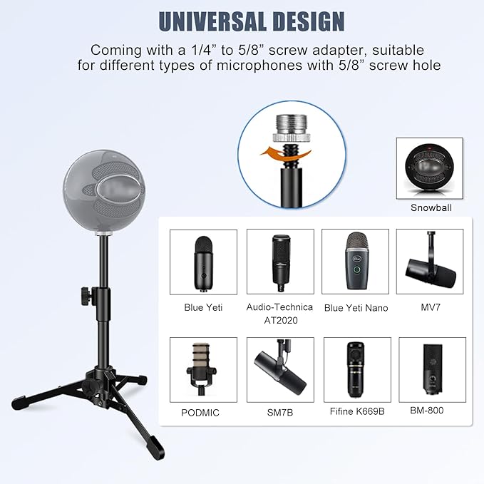 Desk Mic Stand, JCWINY Portable Foldable Microphone Tripod with Mic Clip Holder Adjustable Table Microphone Stand for Blue Yeti Snowball Spark and Other Dynamic Microphones