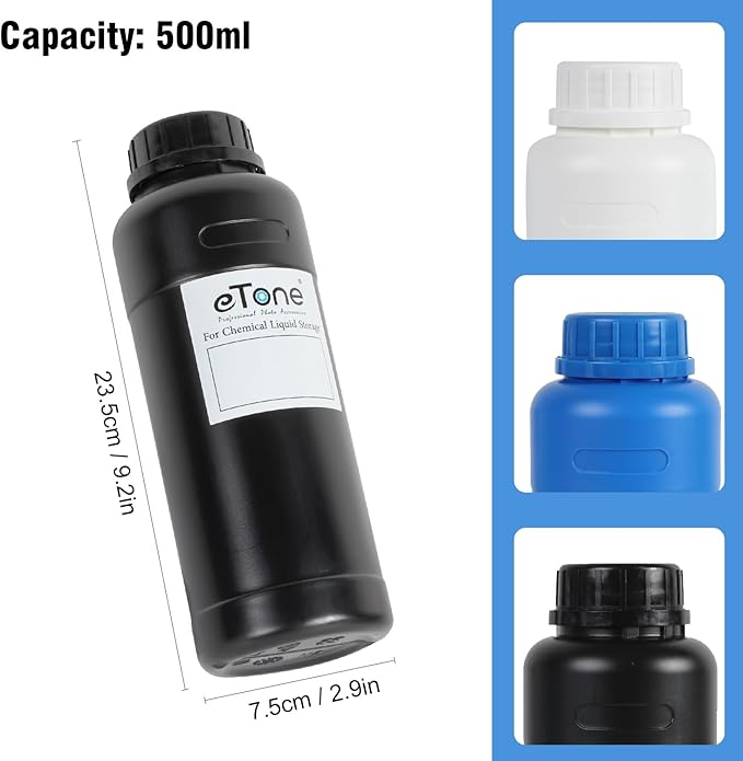 eTone 3X 500ml Darkroom Chemical Storage Bottles with Caps Film Photo Developing Processing Equipment (Black)