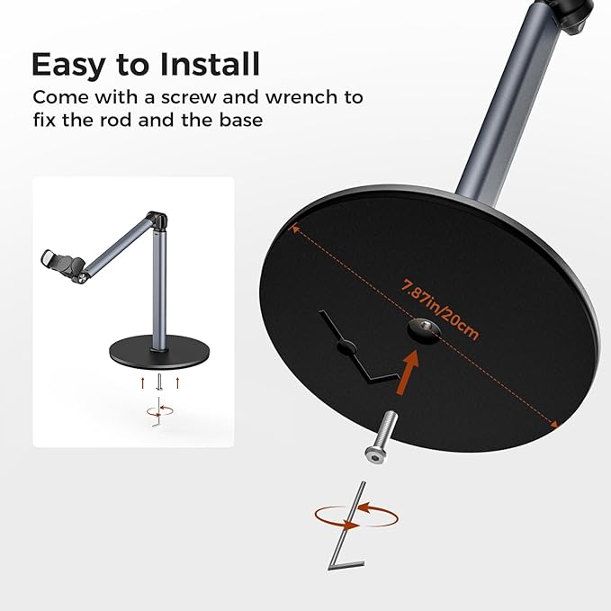 MoKo Overhead Tripod for iPhone, Heavy Duty Aluminum Overhead Phone Mount, Angle & Height Adjustable, Telescopic Arm, Overhead Phone Stand for Recording, Live Streaming, Cooking, Filming (Clip)