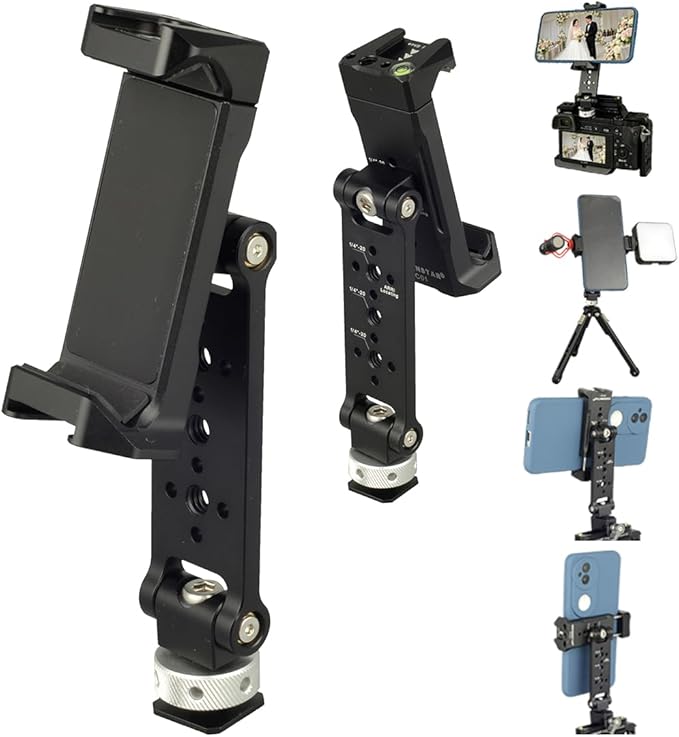 Aluminum Phone Tripod Mount Adapter with Cold Shoe and 1/4” Threaded Holes, 360° Rotation 230° Tilt Camera Phone Holder Mount for iphone Camera Monitoring Gimbals Stabilizers Tripods Phone Holder