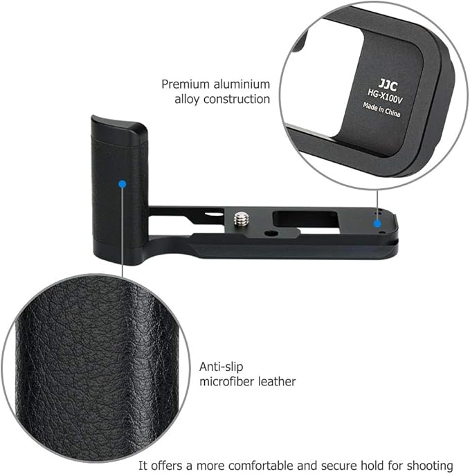 JJC Solid Metal Hand Grip Secure Handle Bracket for Fuji Fujifilm X100V X100F Camera(Not for X100VI), Anti-Slip Pads Design, Arca Swiss Quick Release Plate, Extra 1/4"-20 Tripod Hole & Hand Strap Hole