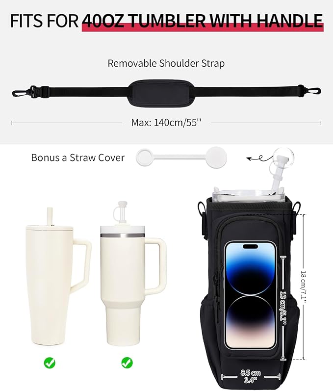 sportsnew Birthday Gifts for Women Personalized Initial Water Bottle Holder with Strap fits most 40oz Tumbler with Handle Water Bottle Carrier Bag with Phone Pocket & Straw Topper Tumbler Accessories