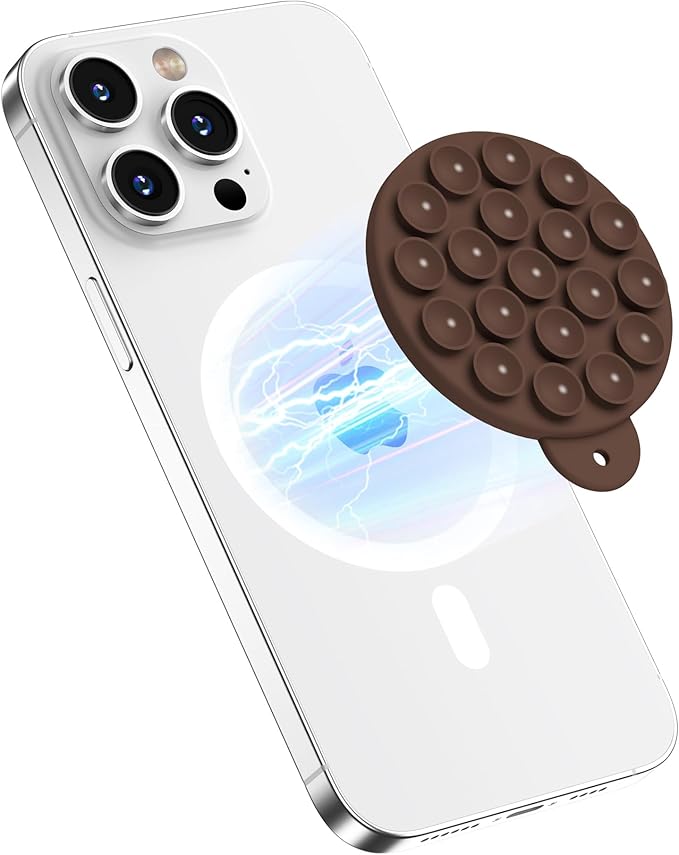 Magnetic Suction Cup Phone Mount with MagSafe, Silicone Hands-Free Grip Holder for iPhone Case and Android, Mirror Shower Phone Stand for Makeup FaceTime Gym Kitchen Bathroom, Chocolate