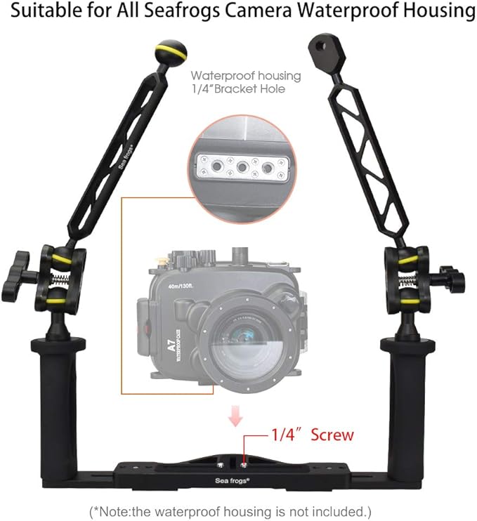 YaelHelens Underwater Camera Tray, Dual Handle Stabilizer Adjustable Width Aluminum Alloy with Ball Clamp Mounts Compatible with Seafrogs Waterproof Camera Housing (YH-TS6)