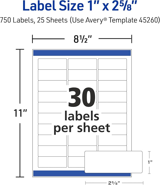 AVERY Address Labels 1 x 2-5/8 inch White | Easy Peel | Sure Feed Technology | For Laser Printers | Permanent Adhesive | 1,500 Labels, Pack of 5